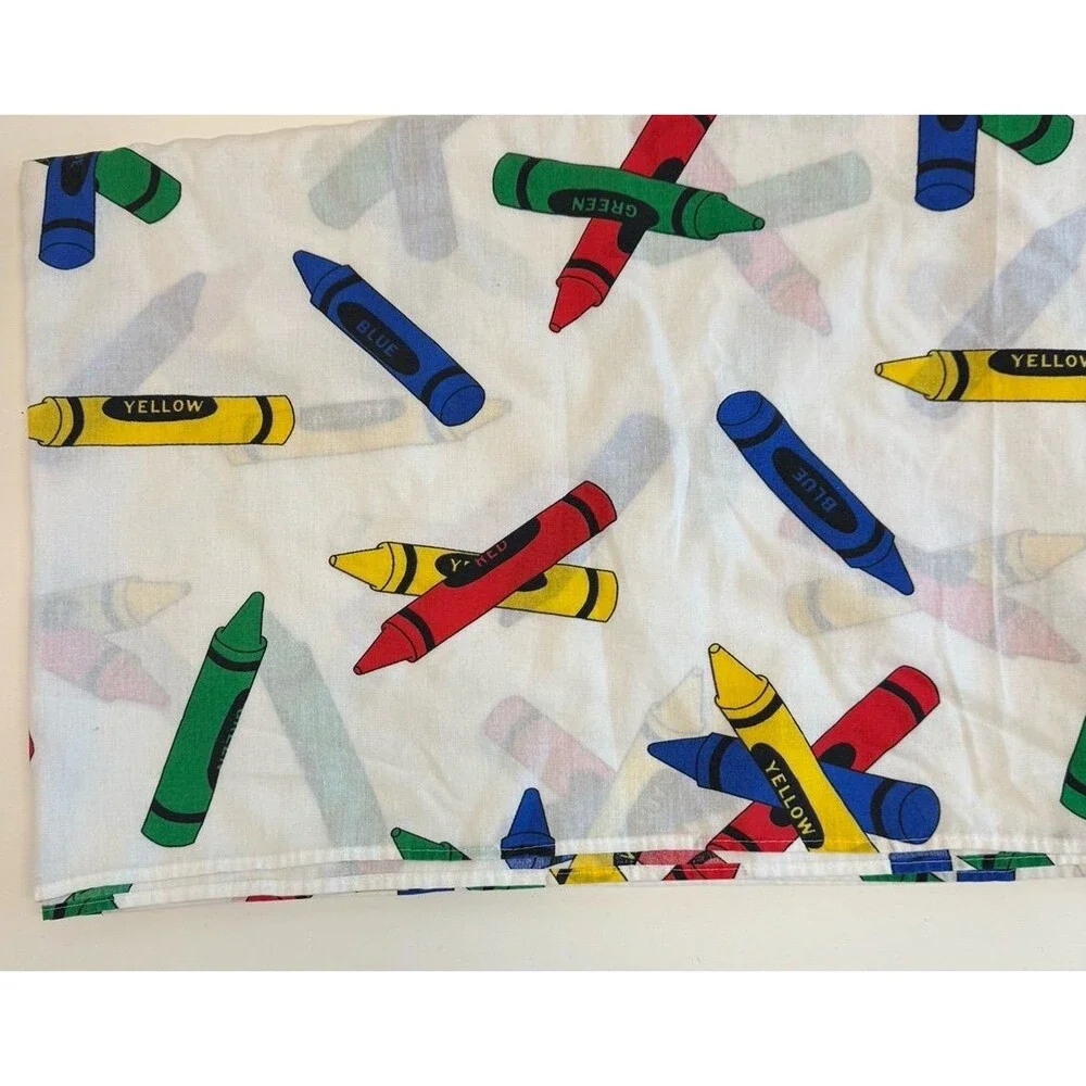 Vintage Perfect Fit Multi Color Crayons Twin Bed Sheet Flat 80s Cotton USA Kids